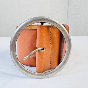 New American Eagle Belt Women sz Small Wide Tan Brown Y2K Leather Circle Buckle